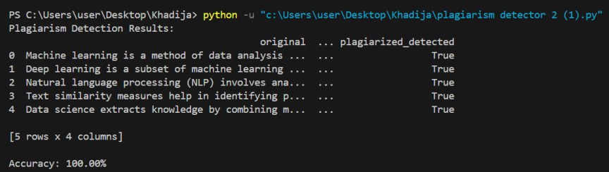 Plagiarism detection tool terminal output showing 100% accuracy